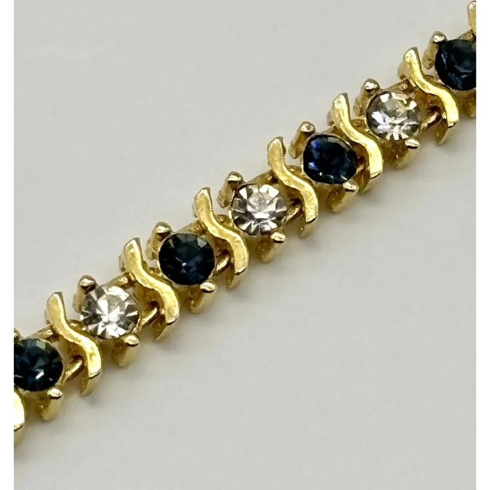 Vintage Gold Tone Metal and Faux Sapphire Faux Diamond Tennis Style Bracelet 80s - Picture 13 of 13